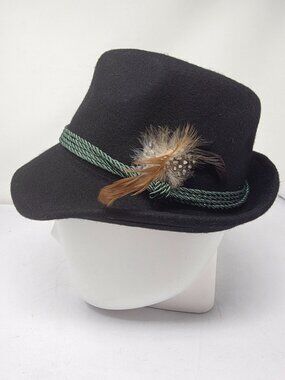 Black Wool Felt Alpine Oktoberfest Hat With Green Rope Band & Feather Accent Siz
